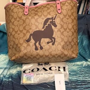 Authentic *unicorn* New Coach Pink Leather Tote with Logo  Story Patch